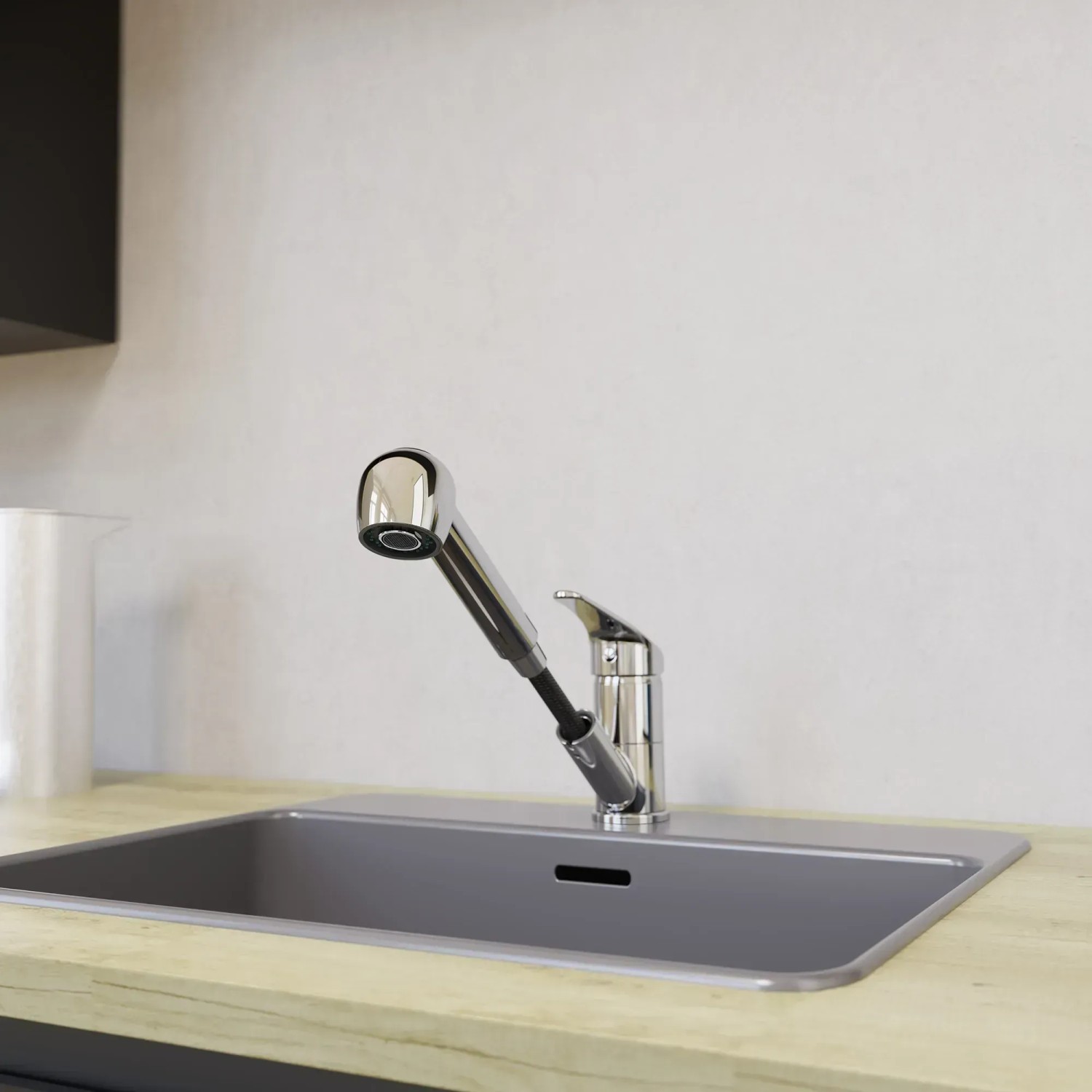 Chrom Geschirrbrause von Kirchhoff für Hochdruck-Armatur am Spültisch.