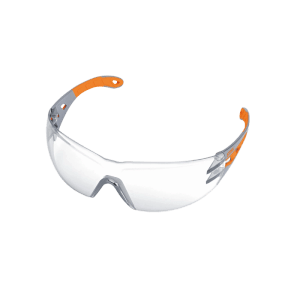 Stihl Schutzbrille Dynamic Light Plus mit klaren, kratzfesten Gläsern und orange-grauem Rahmen für Augenschutz.