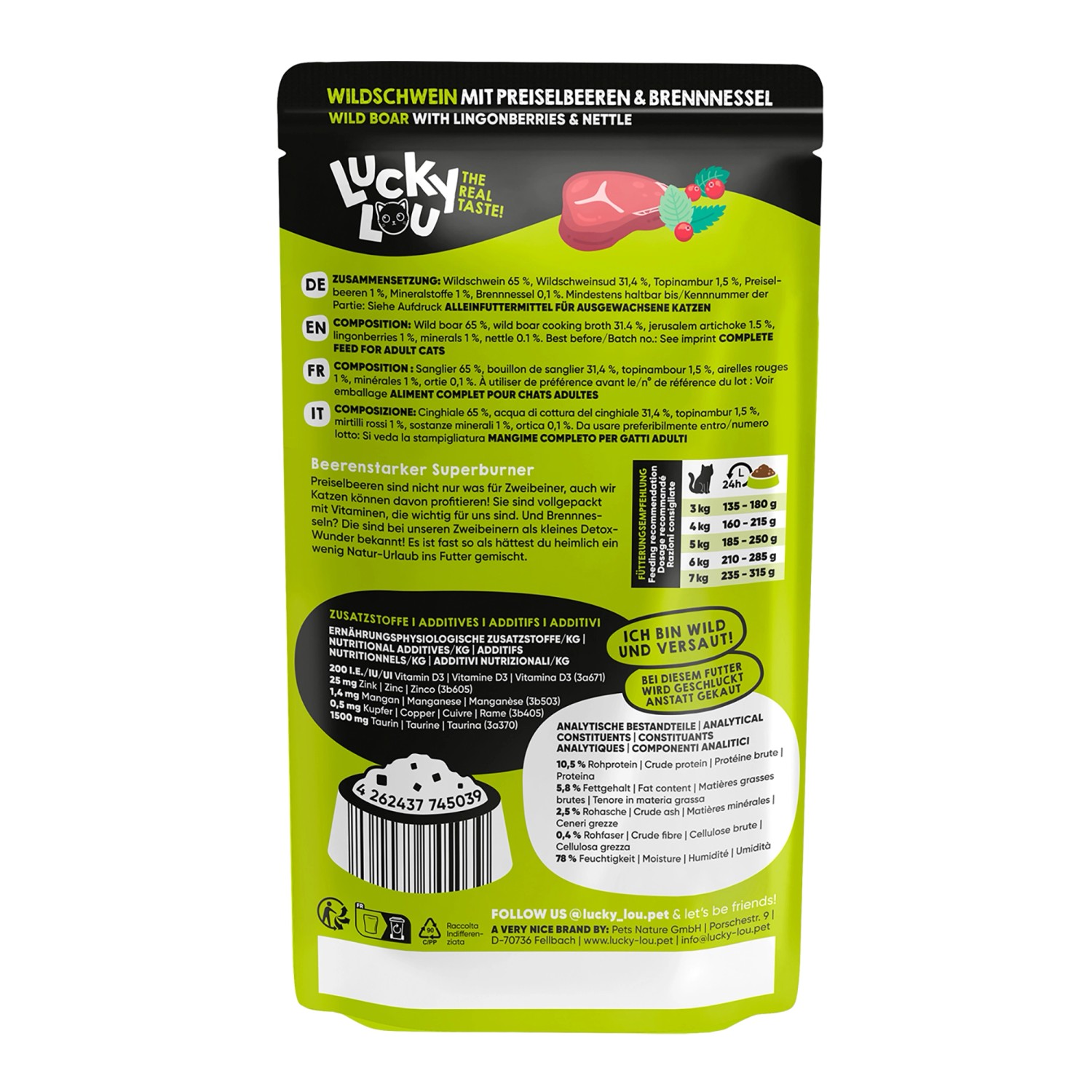 Lucky Lou Katzen-Nassfutter Wildschwein, 125g Packung. Alleinfutter für Katzen.