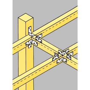 Feuerverzinkter Simpson Winkelverbinder ANPS aus Stahl, an Holzbalken montiert. Sichere Holzverbindung für Bauprojekte.