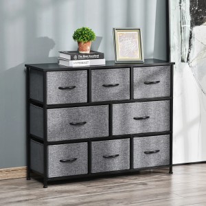 Dunkelgraue HOMCOM Kommode mit 8 Stoffschubladen und schwarzem Metallrahmen.