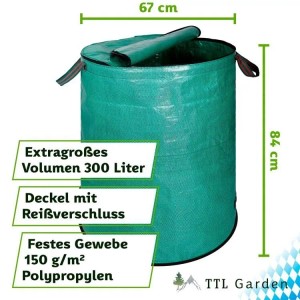 Grüner TTL GARDEN Gartensack 300 L mit Reißverschluss-Deckel, Tragegriffen und doppeltem Boden, selbststehend.
