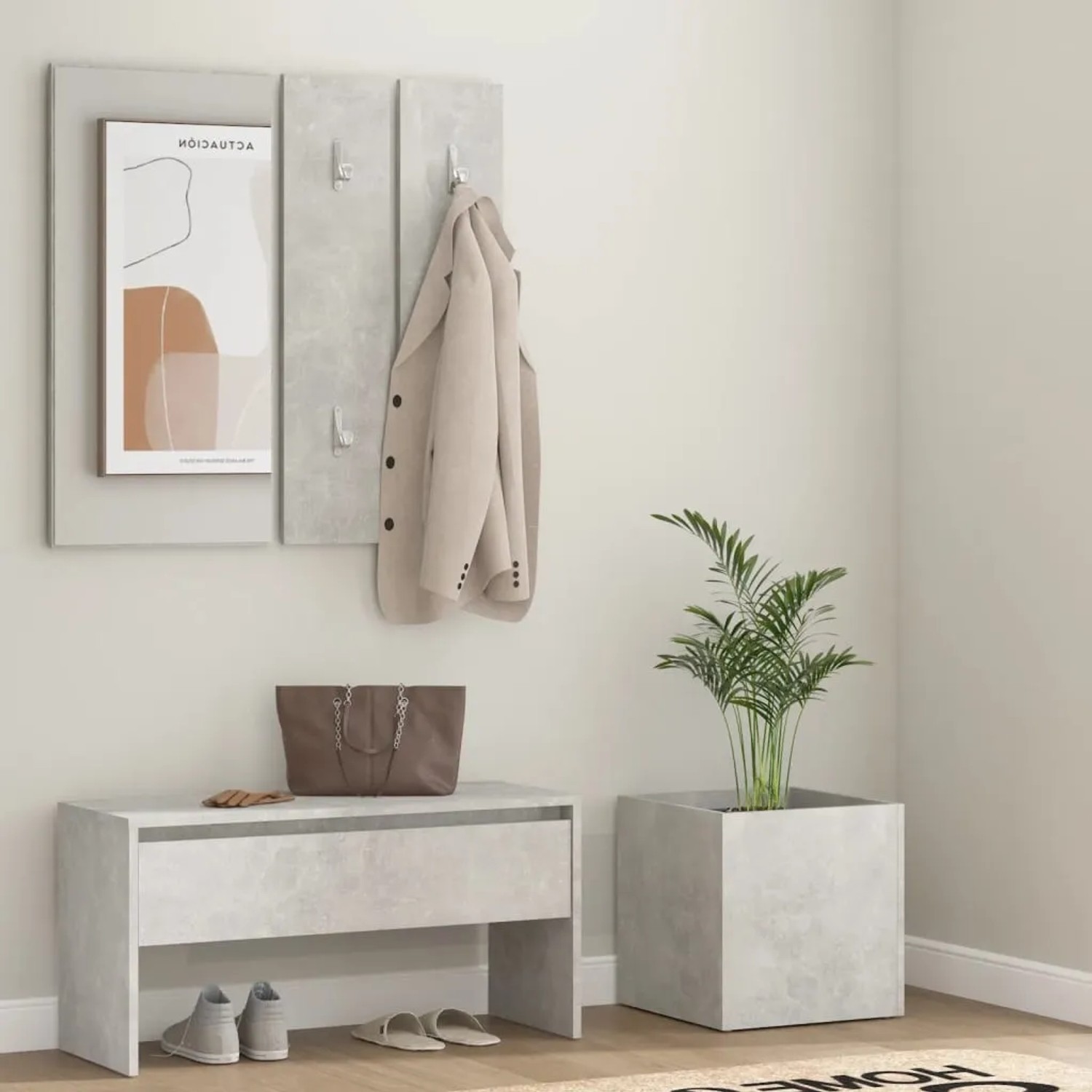 vidaXL Flurmöbel-Set in Betongrau mit Bank, Spiegel, Garderobe und Pflanzgefäß.
