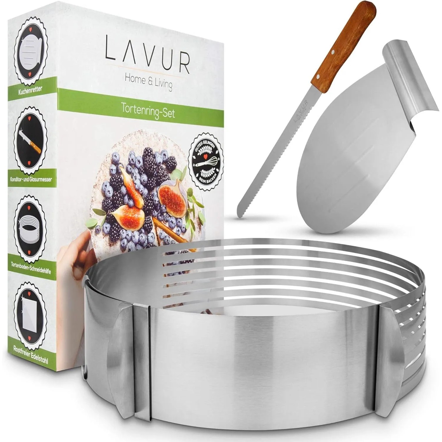 Lavur Tortenring Set 3-teilig 23-30 cm Verstellbar inkl. Retter & Messer