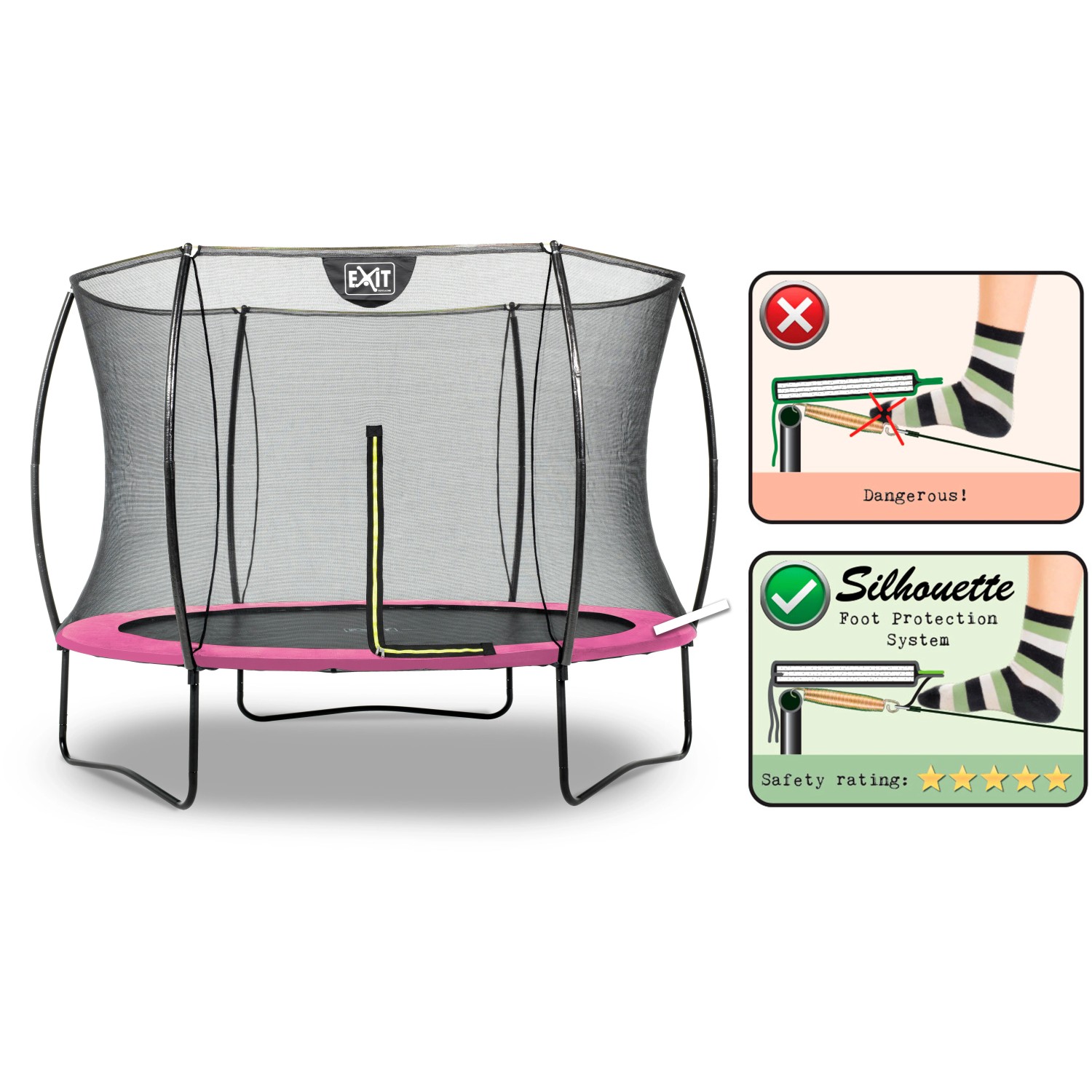 EXIT Silhouette Trampolin, D244cm, rosa, mit Sicherheitsnetz und Fußschutzsystem.