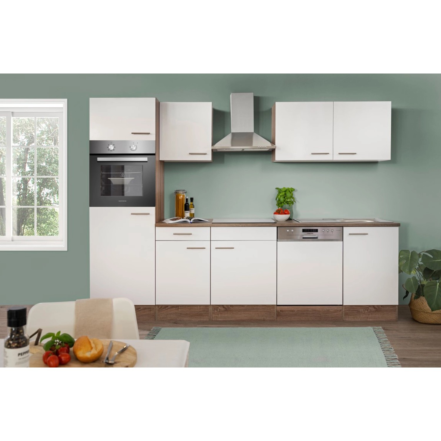 Respekta Küchenzeile/Küchenblock KB280EYW 280 cm Weiß Seidenglanz-Eiche York Nachbildung