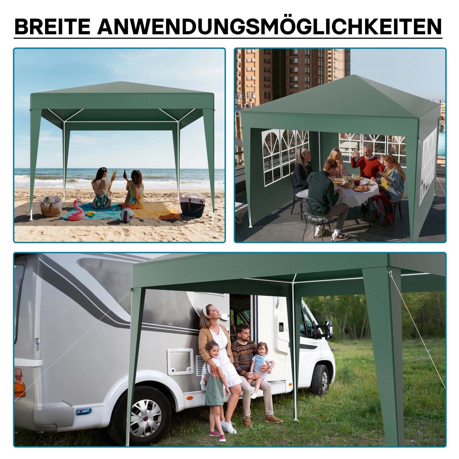 Vielseitiger grüner Wiltec Pavillon 3x3m als Gartenpavillon, Partyzelt und Campingzelt für Strand, Terrasse, Camper.