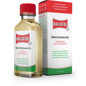 Ballistol Universalöl 50ml Flasche und Verpackung. Pflegt, schmiert und schützt Metall, Holz und Kunststoff.