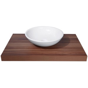 Rundes, weißes Aufsatzwaschbecken (Ø 42 cm) aus Keramik auf einer Holzplatte.