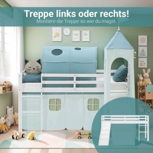 Weißes Kinder Hochbett 90x200 mit Rutsche, grünem Tunnel, Turm, Vorhang und Matratze. Abenteuerbetten für Kinder.