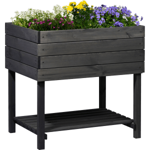 Anthrazitfarbenes Dobar Hochbeet Magic Kubus 2.0 aus Holz mit Ablage und bunten Blumen.