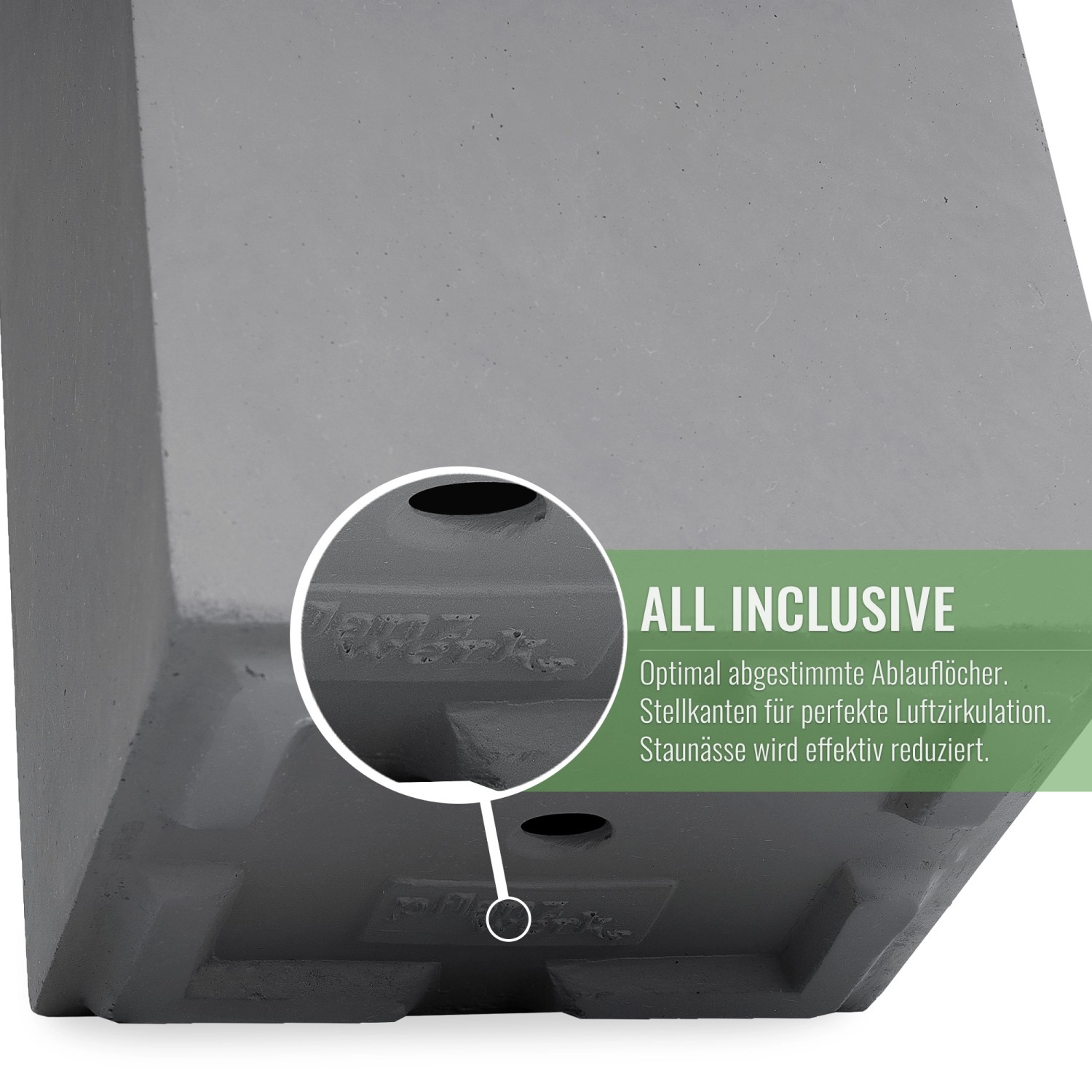 Detailaufnahme Pflanzwerk® Tower Pflanzkübel Grau: Ablauflöcher und Stellkanten für Luftzirkulation.