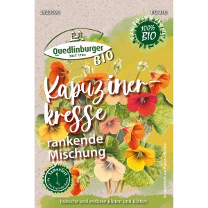 Packung Quedlinburger Bio-Kapuzinerkresse Rankende Mischung mit bunten Blüten.