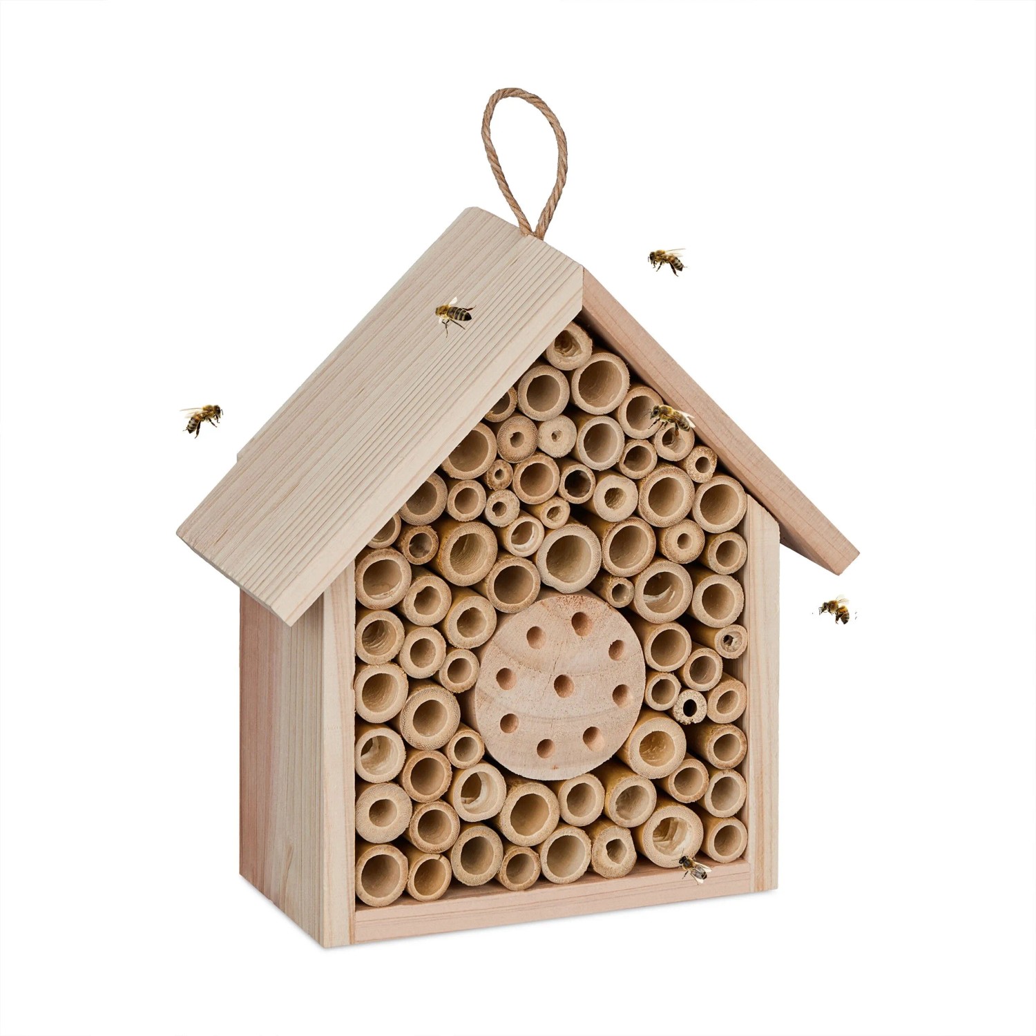 Relaxdays Bienenhotel Holz Bambus Natur Unbehandelt 20,5 cm x 19,5 cm x 8,5 cm