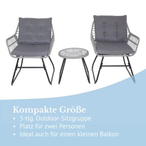 Svita Amalfi Rattan Sitzgruppe: 2 hellgraue Sessel mit grauen Kissen und runder Tisch für 2 Personen.