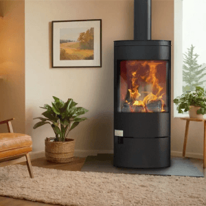 Schwarzer, runder Panadero Kaminofen Vigo 7,4kW im Wohnraum mit brennendem Feuer.