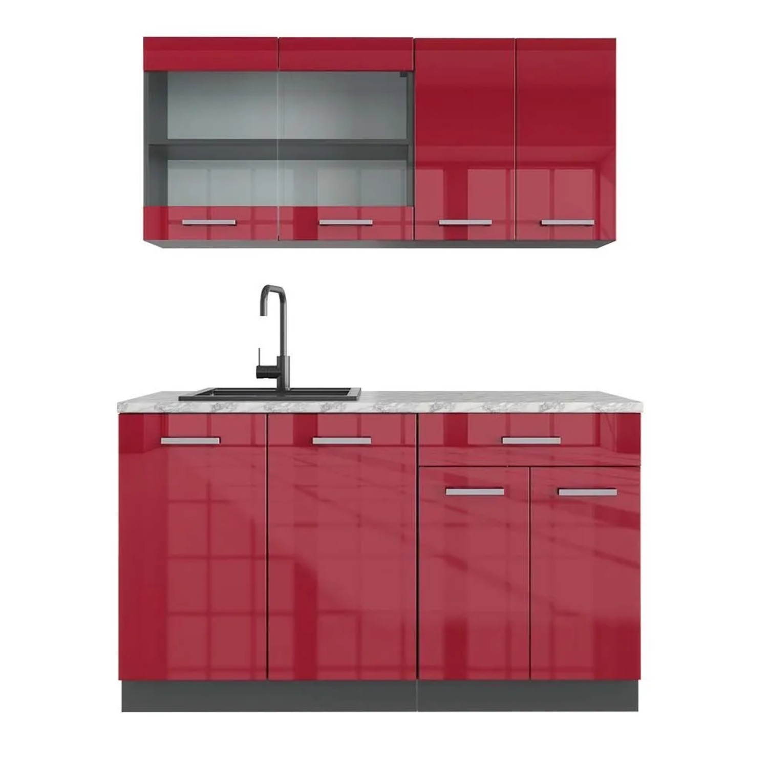 Vicco R-Line Singleküche Bordeaux Hochglanz Anthrazit 140 cm AP Marmor ohne E-Geräte