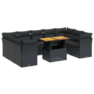 Schwarze 10-tlg. vidaXL Garten-Sofagarnitur aus Poly Rattan mit Tisch und Kissen.