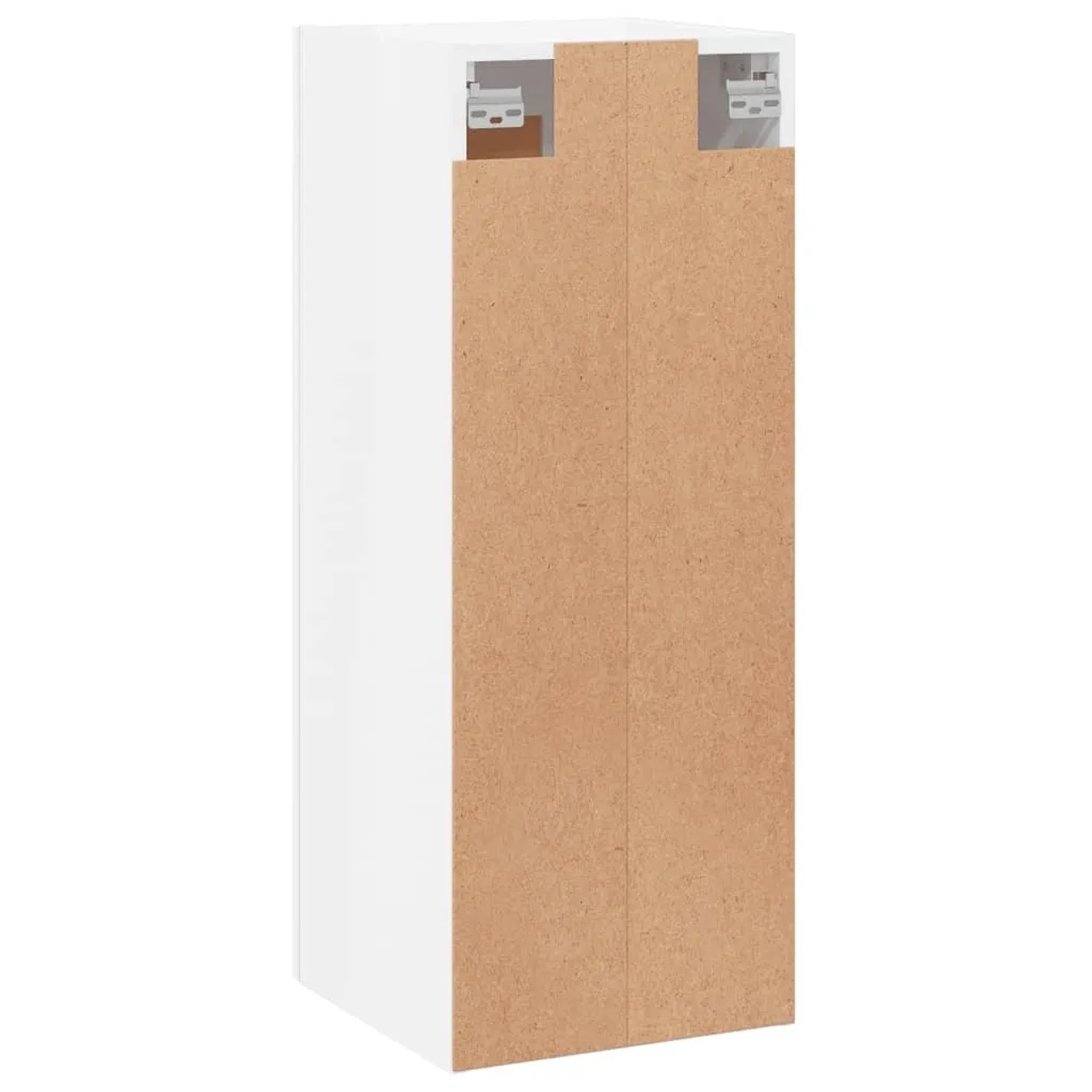 Rückseite vidaXL Wandschrank Hochglanz-Weiß, Holzwerkstoff-Rückwand, Wandhalterungen sichtbar. Wohnzimmerschrank.