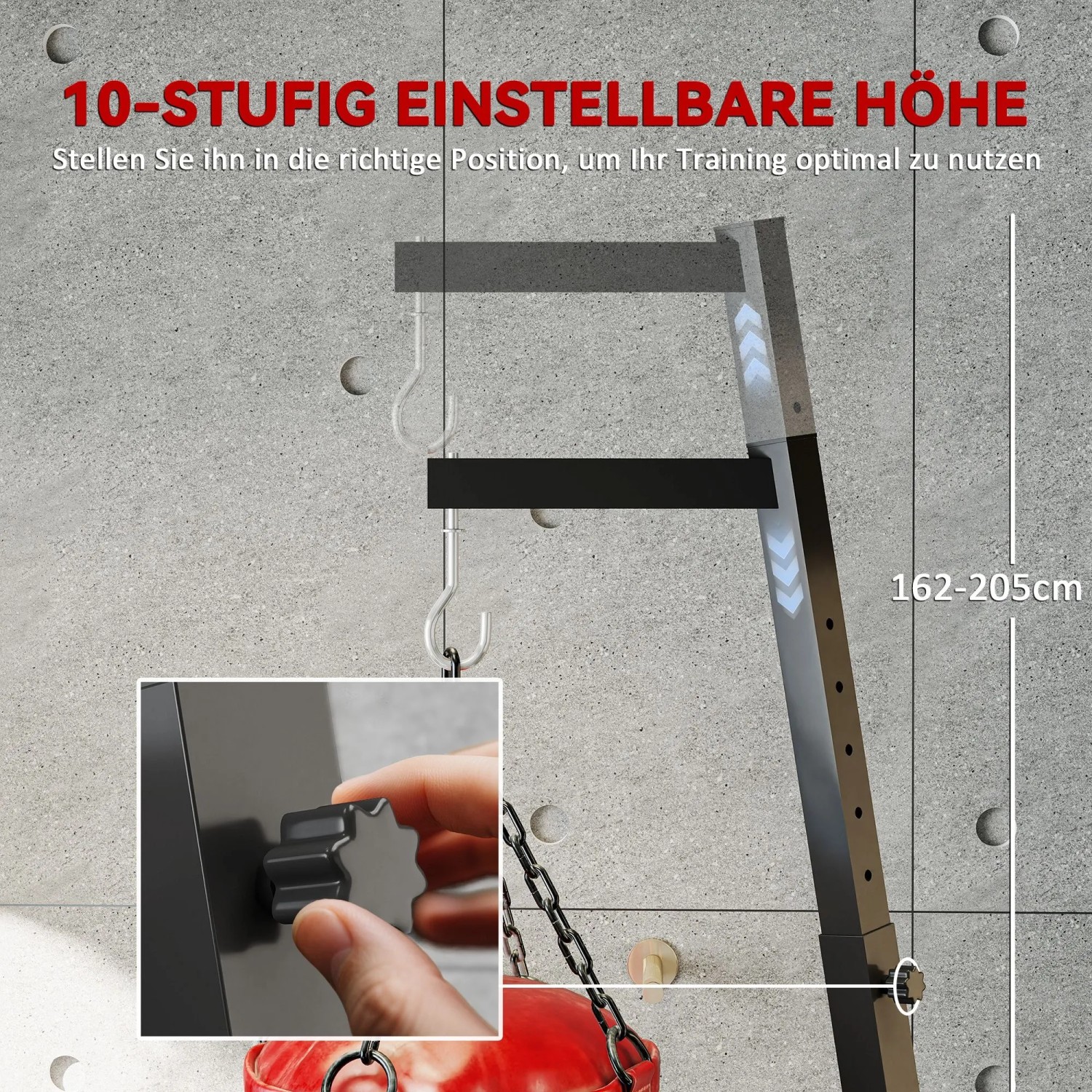 SPORTNOW Boxsackständer aus Stahl, schwarz. Detail der 10-stufigen Höhenverstellung (162-205 cm) für individuelles Boxtraining.