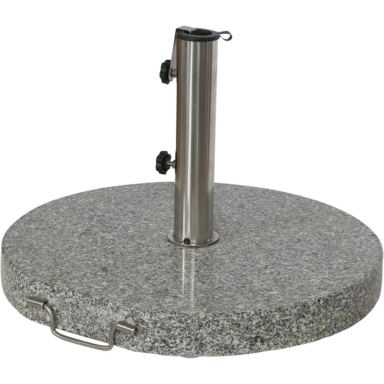 Siena Garden Schirmständer aus grauem Granit mit Edelstahlrohr und Fixierschrauben.