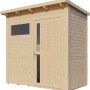 Bertilo Gartenhaus Pentus 1 aus naturbelassenem Holz mit Fenster und Tür.