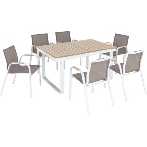 7-teilige Esstischgruppe Butterfield mit Aluminiumgestell, Textilbespannung in Beige und Tischplatte in Holzoptik.
