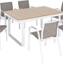 7-teilige Esstischgruppe Butterfield mit Aluminiumgestell, Textilbespannung in Beige und Tischplatte in Holzoptik.
