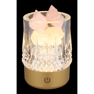Goldfarbene Globo Tischleuchte Lizzy mit Kristalleffekt und pinken Deko-Steinen.