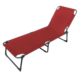 Klappbare, rote 3-Bein Gartenliege/Sonnenliege mit schwarzem Metallgestell.