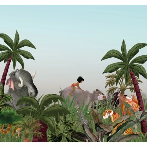 Komar Fototapete Vlies Jungle Book mit Mogli, Balu, Elefant und Tiger im Dschungel.