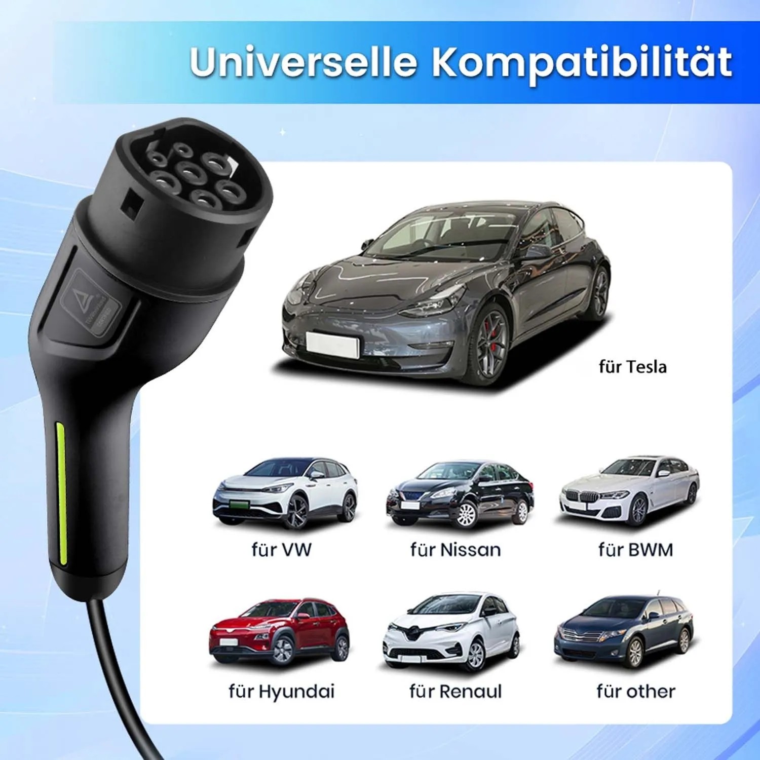 Junsun Mobile Wallbox EV Ladegerät: Schwarzer Typ 2 Stecker, zeigt Kompatibilität mit Elektroautos wie Tesla, VW.