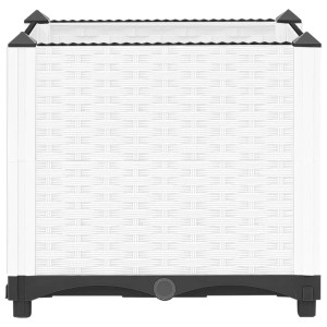 Weißes vidaXL Hochbeet (40x40x38 cm) in Rattan-Optik aus Polypropylen.