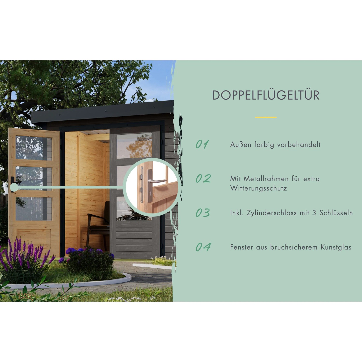 Detailansicht: Doppelflügeltür des Karibu Gartenhaus Set Domingo B, Terragrau-Anthrazit.