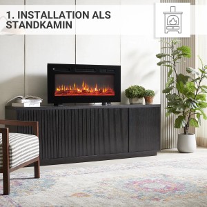 Schwarzer BALDERIA Elektrokamin LE-36 als Standkamin mit 3D-Flammeneffekt auf Sideboard.