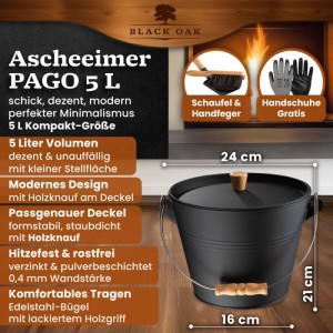 BLACK OAK Ascheeimer PAGO 5L mit Deckel, Schaufel und Besen. Kompakter Aschebehälter für Kamin & Ofen.