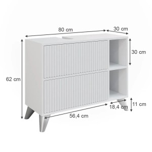 Weißer Vicco Waschbeckenunterschrank Leano, 80 cm breit, mit 2 Schubladen und offenem Regal.