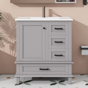 Grauer PXloue Badezimmerschrank mit Waschbecken, Schubladen und Türregal.