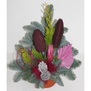 Grabschale Nobilis mit Erika, ca. 15 cm, dekoratives Grabgesteck mit Tanne und Koniferen.