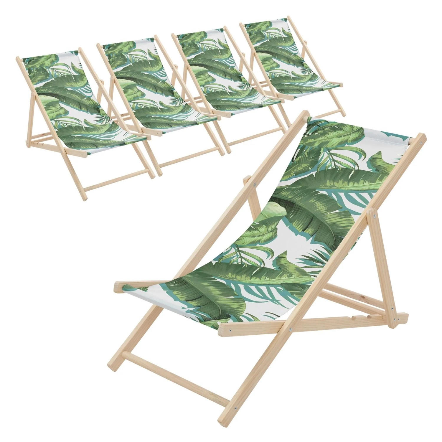 ECD Germany Liegestuhl 5Er Set Klappbar Tropical Grün-Weiß aus Holz