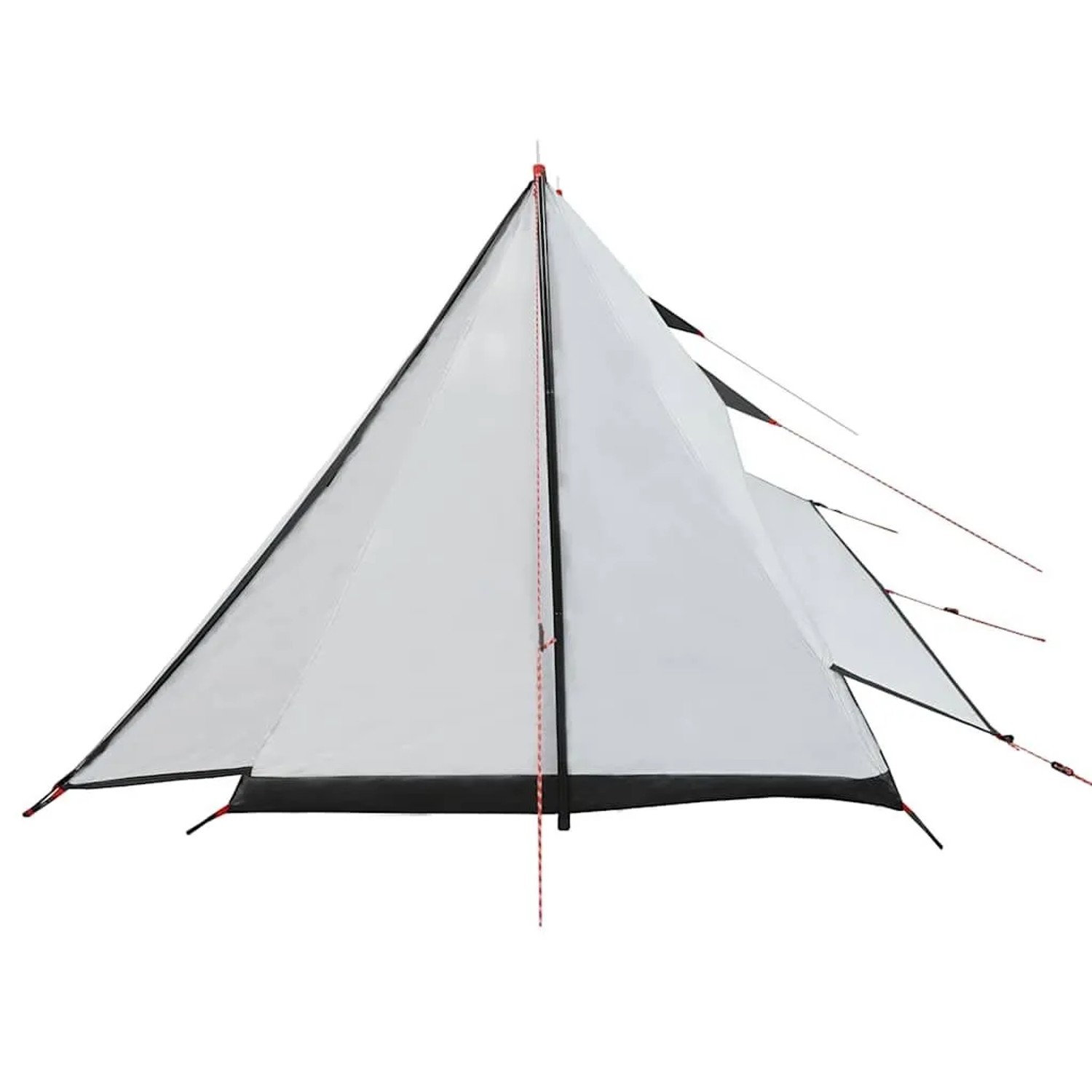 Weißes Furnicato Campingzelt, verdunkelnd, mit schwarzem Boden und roten Abspannleinen. Für 2 Personen.