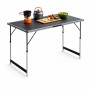 Höhenverstellbarer, klappbarer Campingtisch 100x60cm mit Kocher, Kessel, Schneidebrett und Salatschüssel.
