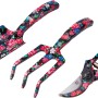 3-teiliges Gartenhandgeräte-Set mit Blumenmuster: Schaufel, Harke und Gartenschere.