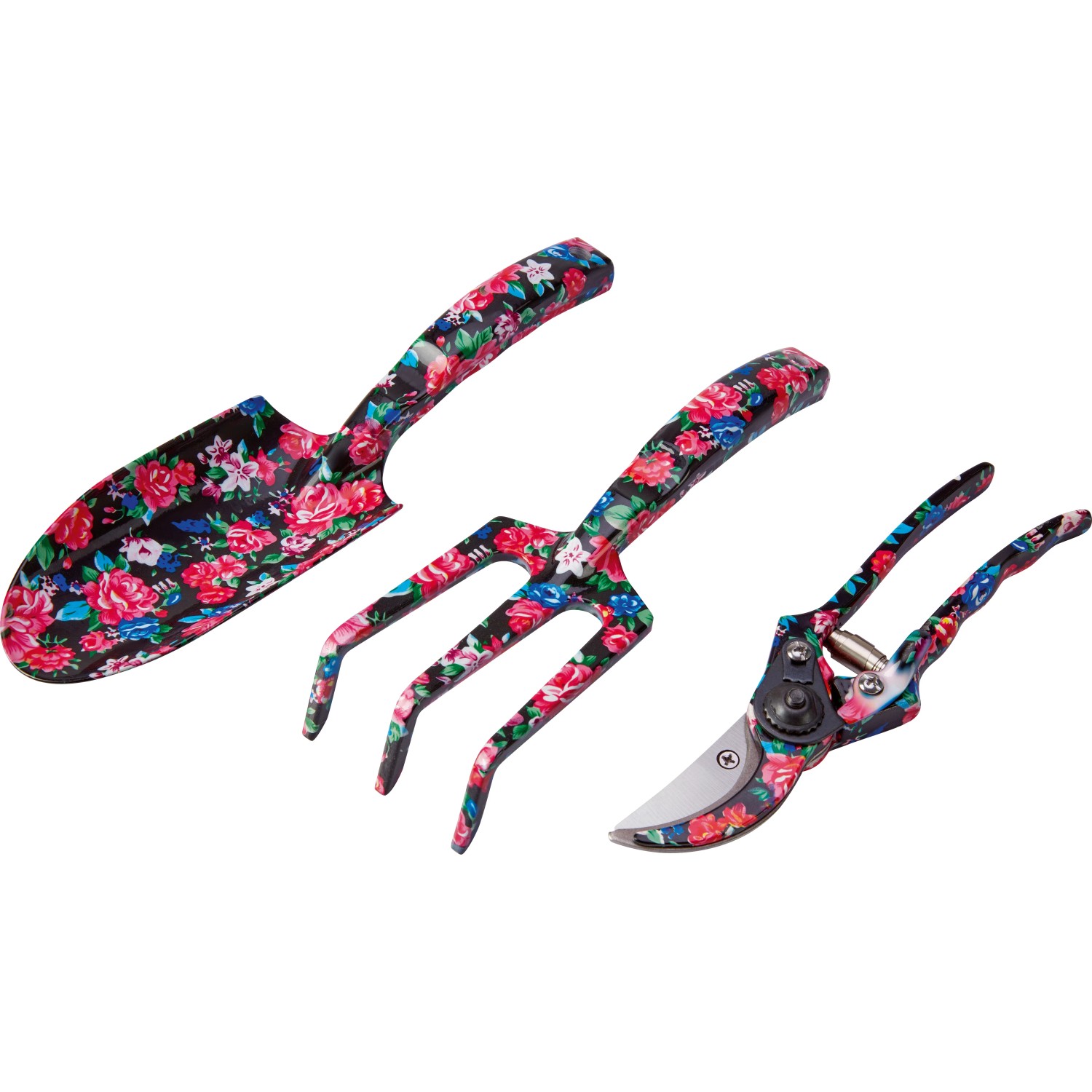 3-teiliges Gartenhandgeräte-Set mit Blumenmuster: Schaufel, Harke und Gartenschere.