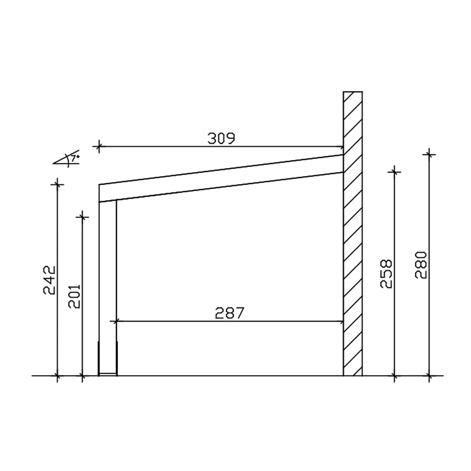 Technische Zeichnung der weißen Skan Holz Terrassenüberdachung Novara mit Maßangaben.