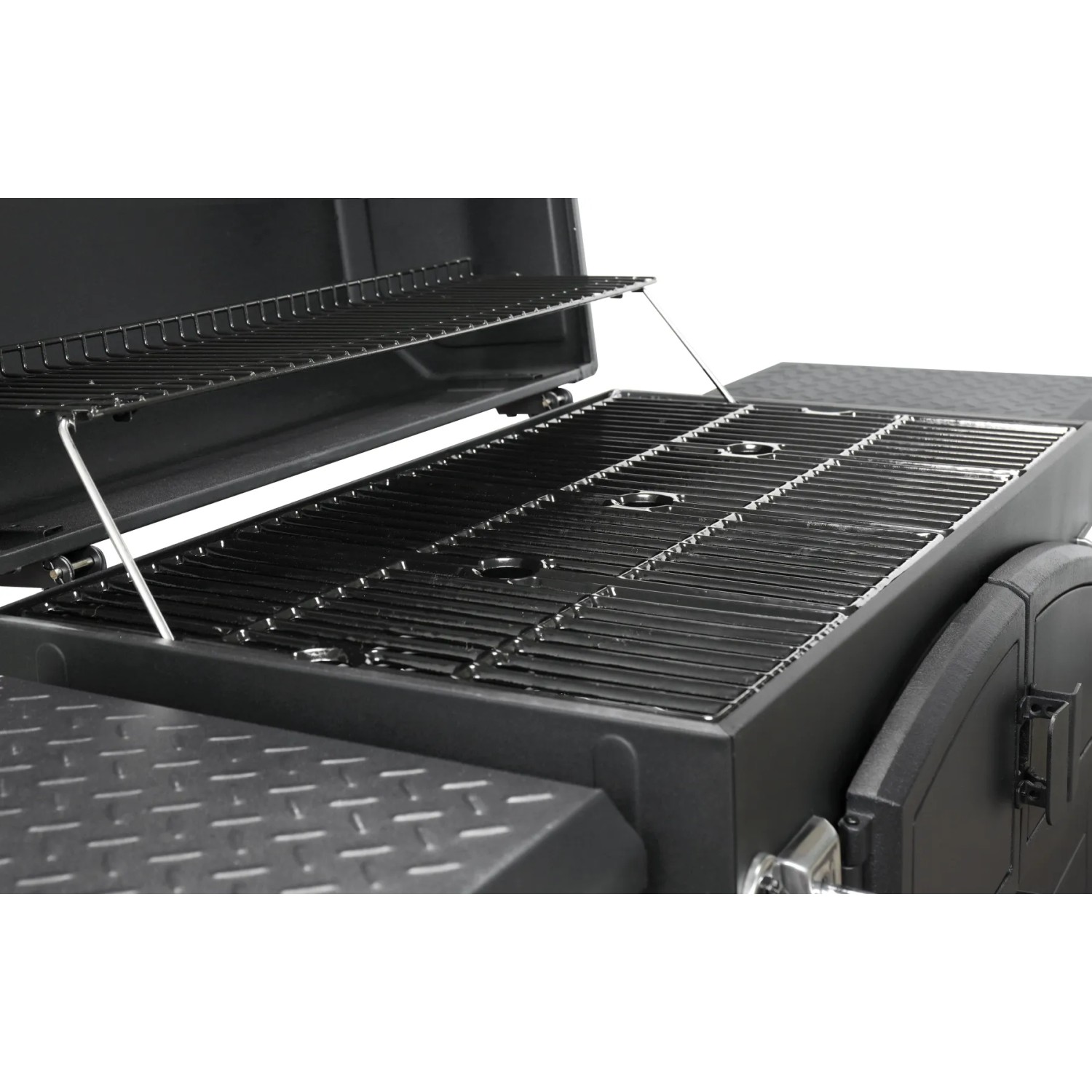 Detailaufnahme: Schwarzer El Fuego Holzkohlegrill Grand Ontario mit Grill- und Warmhalterost.