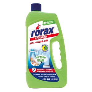 Grüne Flasche Rorax Bio-Power-Gel Rohrfrei 1 l zur Abflussreinigung.