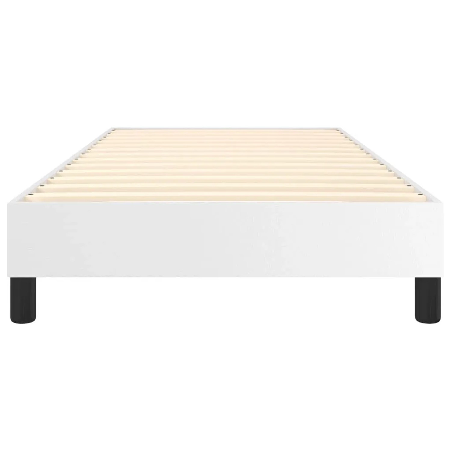 Weißes Boxspringbettgestell 90x200 cm aus Kunstleder, mit Lattenrost und schwarzen Beinen.