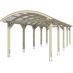 Skan Holz Carport Franken mit Bogendach, Eiche hell, Leimholz und Doppelstegplatten.