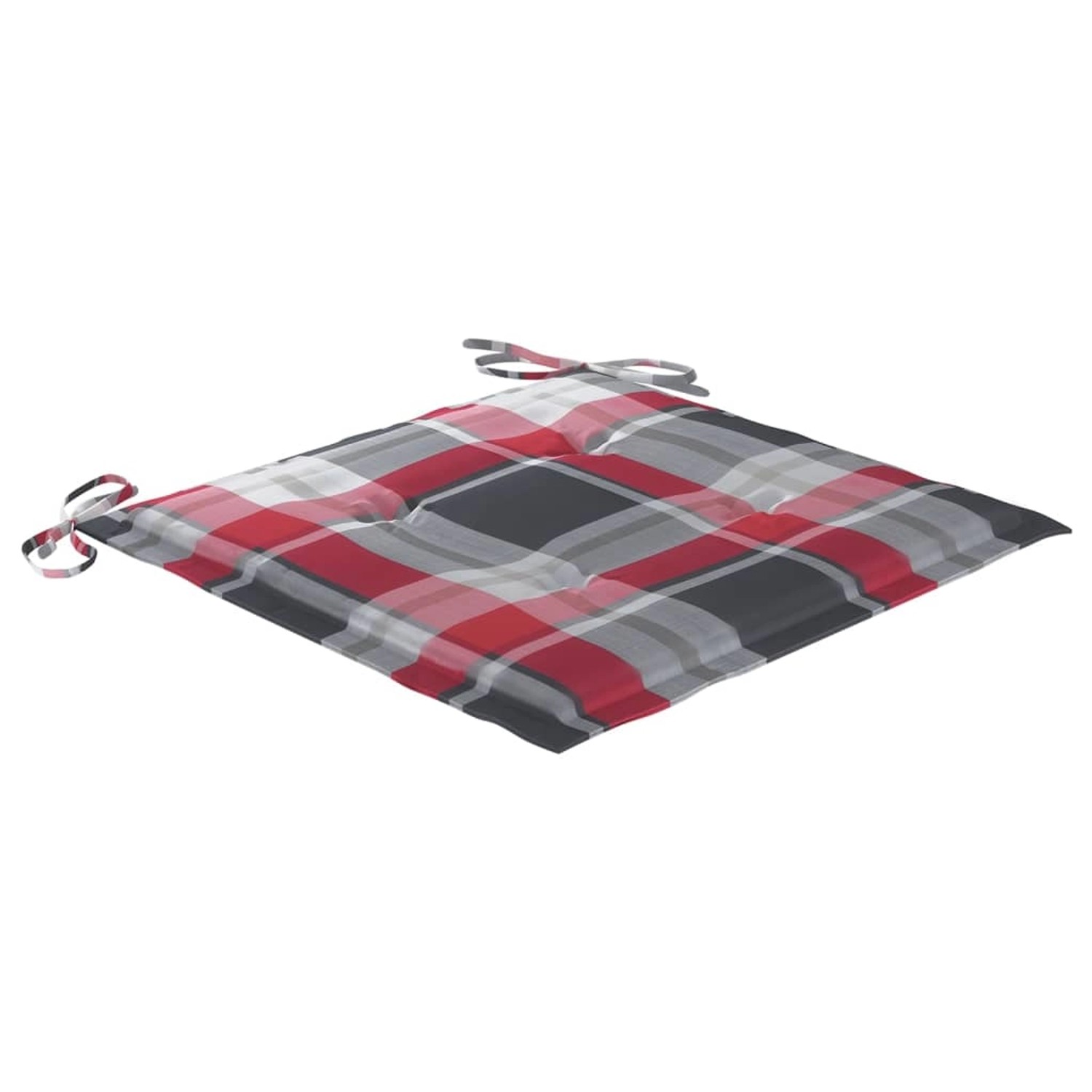 Gartenstuhl Kissen mit rot-schwarzem Karomuster und Bindebändern für Gartenmöbel.